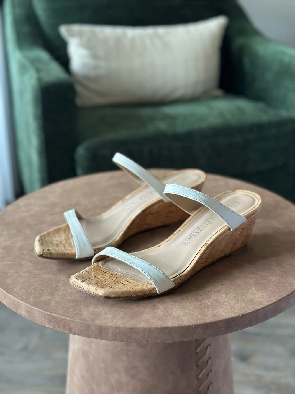 Stuart Weitzman White Leather Cork Wedge Sandals - Picture 2 of 4